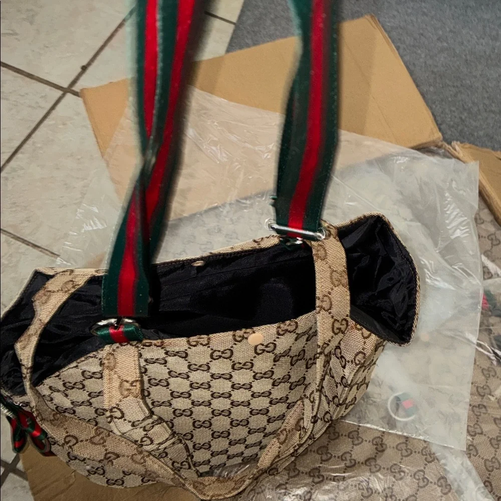 Source Unknown Brown Monogram Pet Carrier with Green-Red Ribbon Accent
